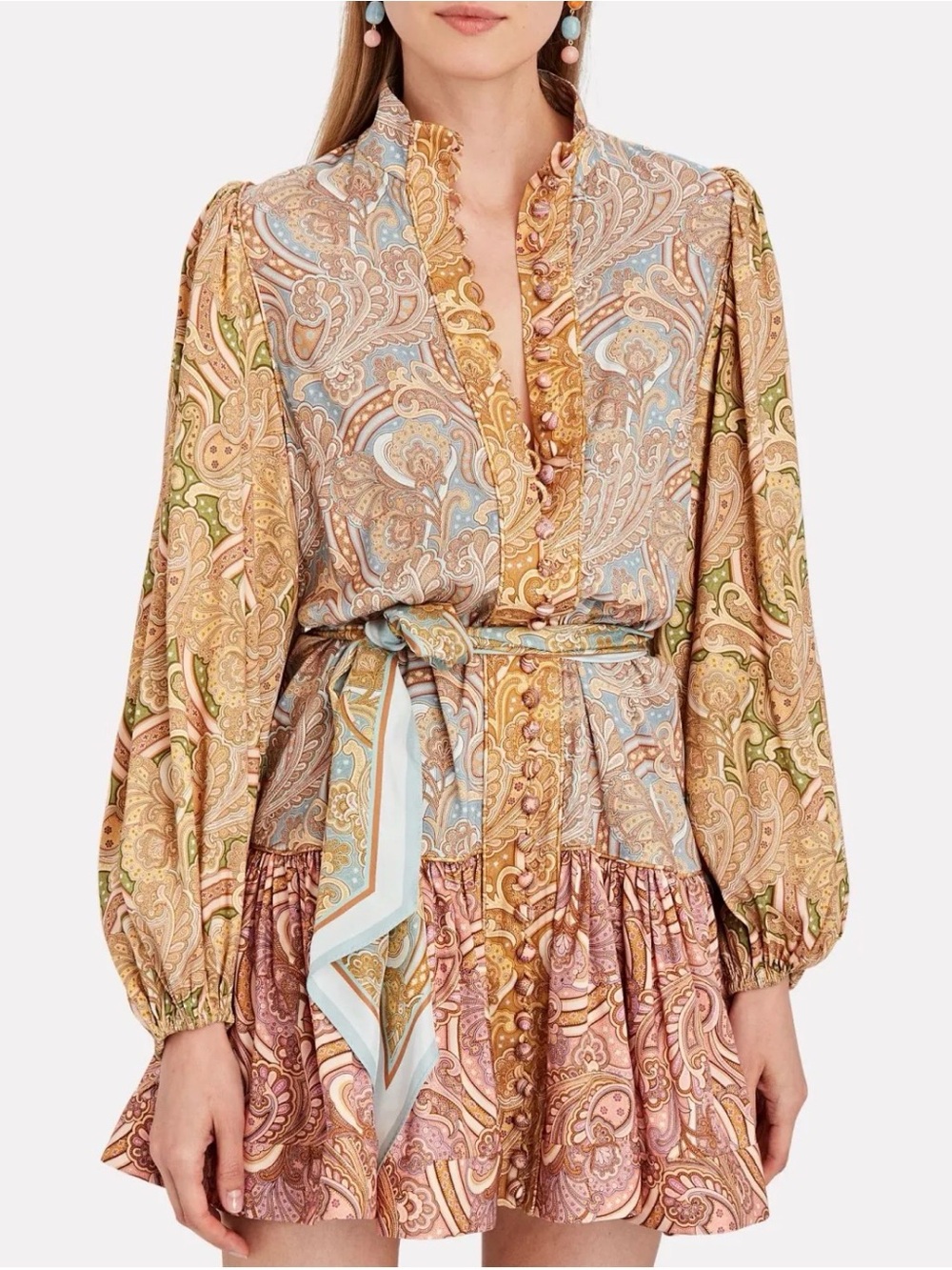 Zimmermann Tempo Buttoned Mini Dress Paisley Print Long-Sleeve Tie